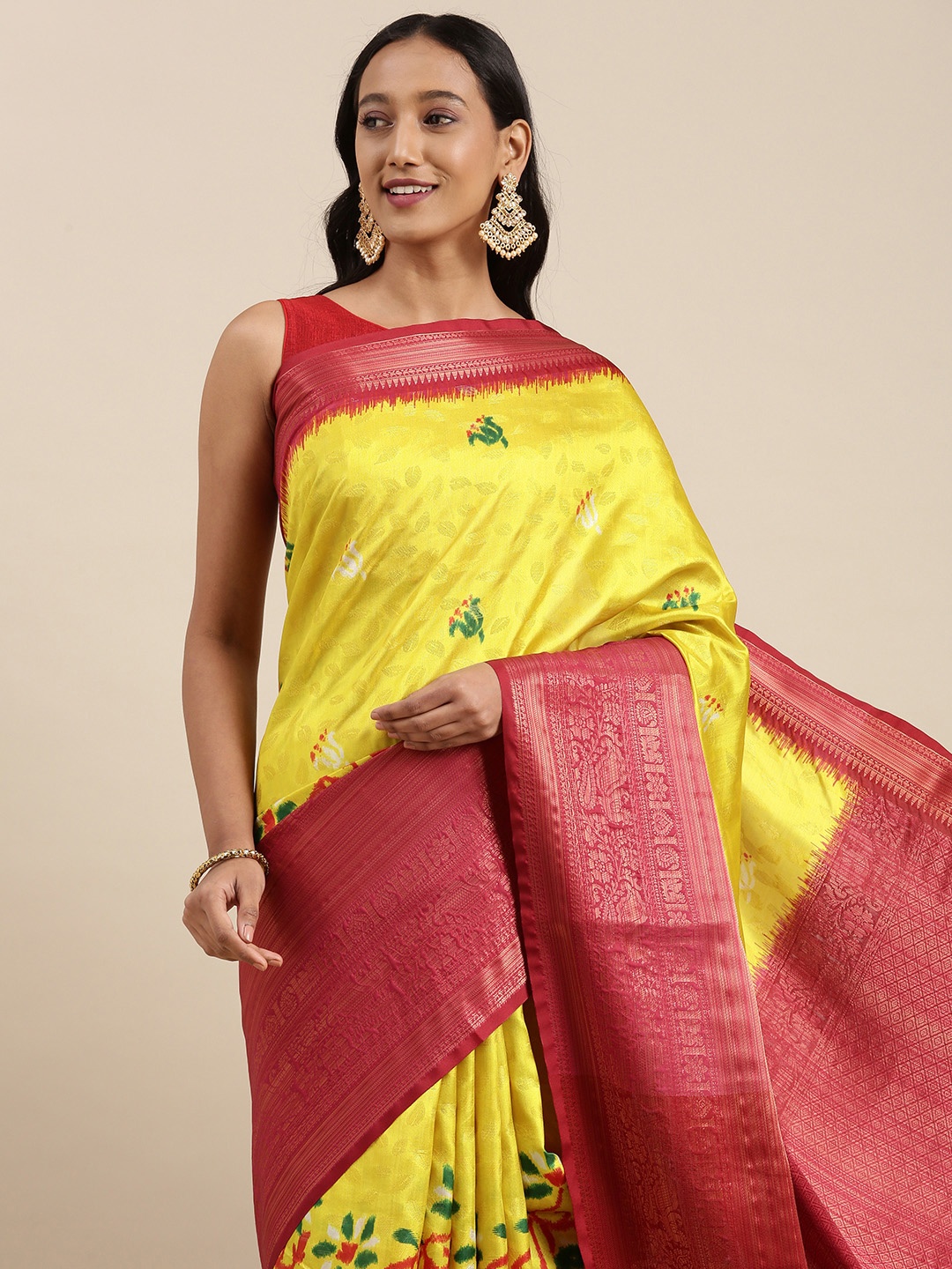 

VASTRANAND Yellow & Maroon Woven Design Zari Silk Blend Saree