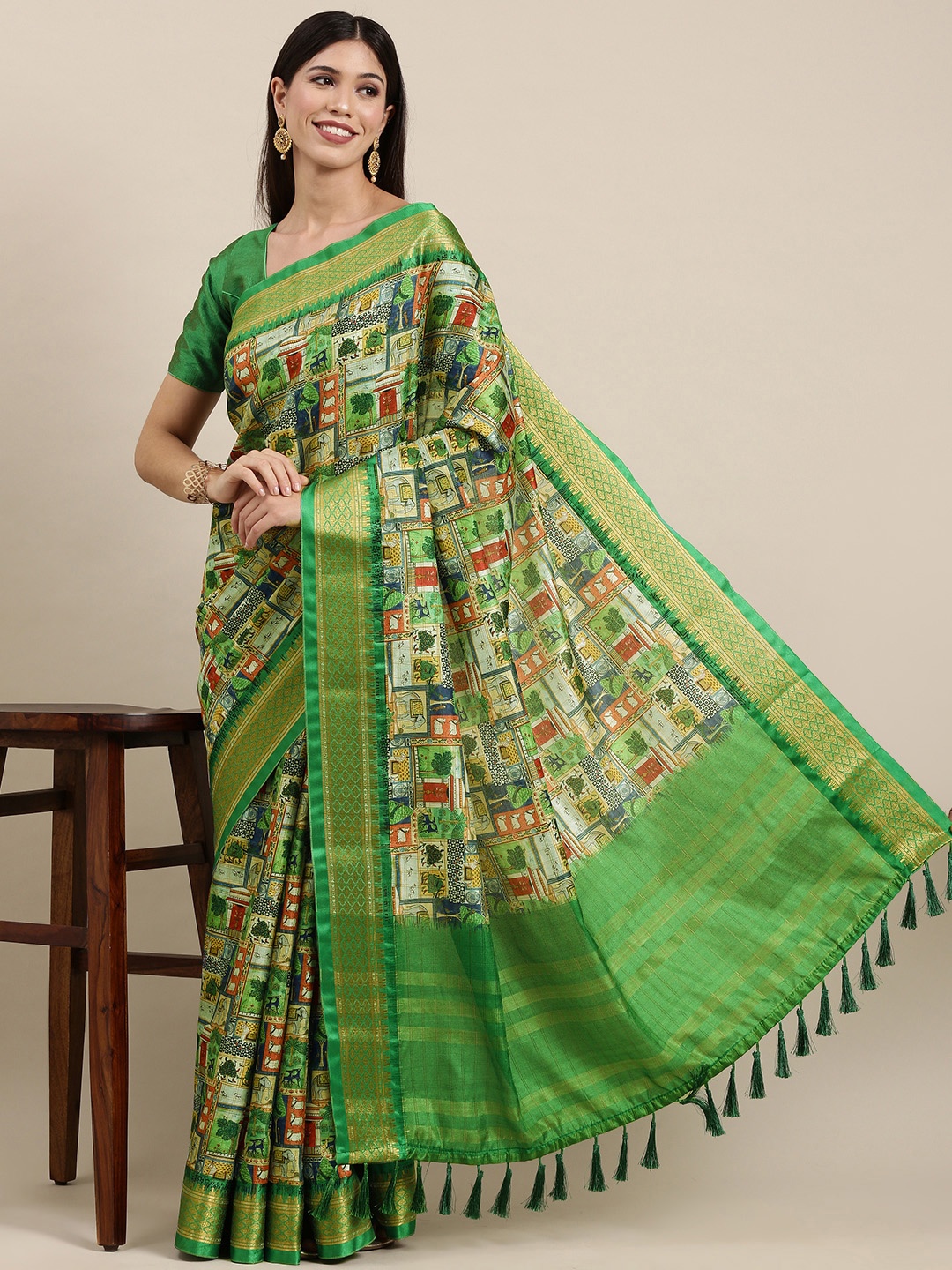 

VASTRANAND Green & Red Kalamkari Print Uppada Saree