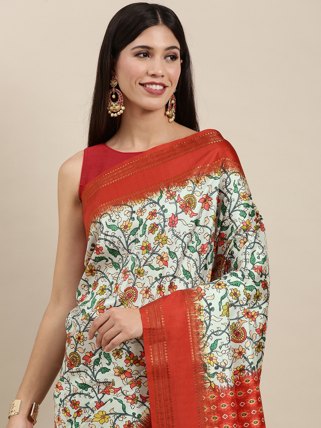 

VASTRANAND Sea Green & Rust Red Kalamkari Print Zari Silk Blend Saree