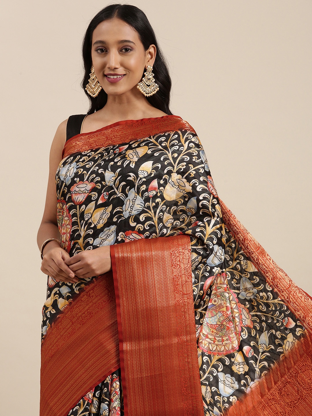 

VASTRANAND Black & Maroon Kalamkari Print Zari Silk Blend Saree