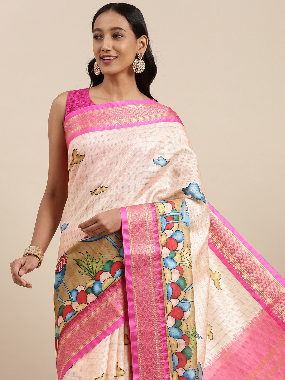 

VASTRANAND Pink & Blue Ethnic Print Zari Silk Blend Uppada Saree