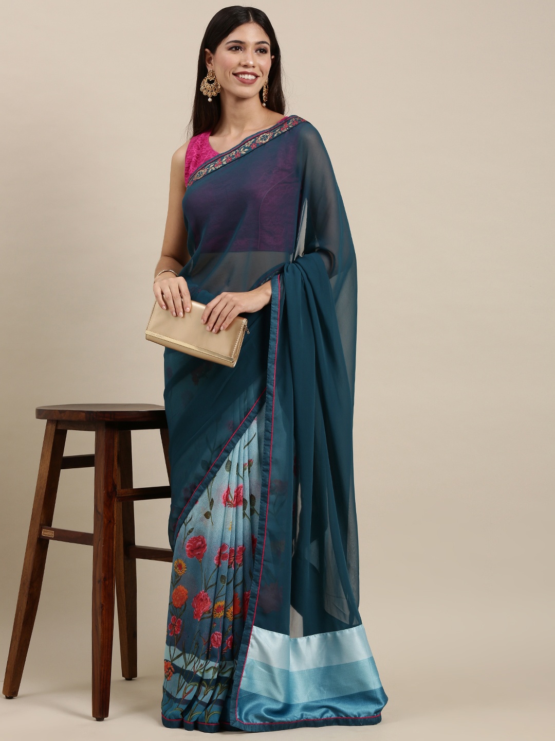 

VASTRANAND Teal Blue & Pink Floral Print Half and Half Saree