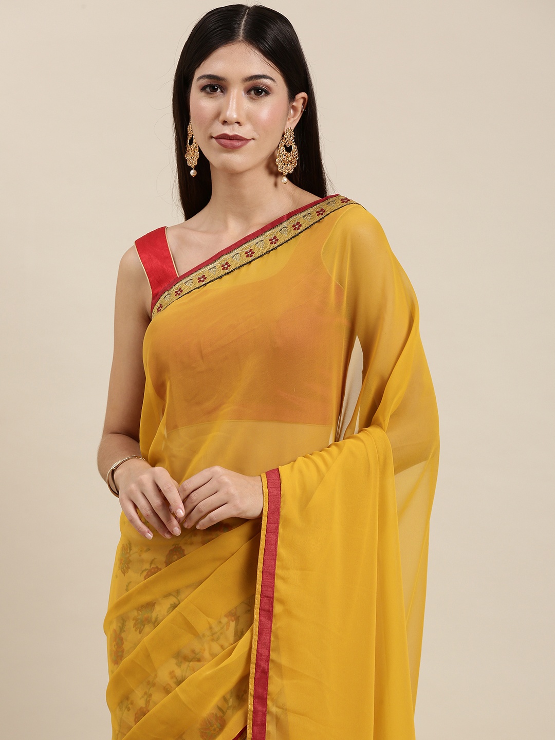 

VASTRANAND Off White & Mustard Yellow Floral Print Half and Half Saree