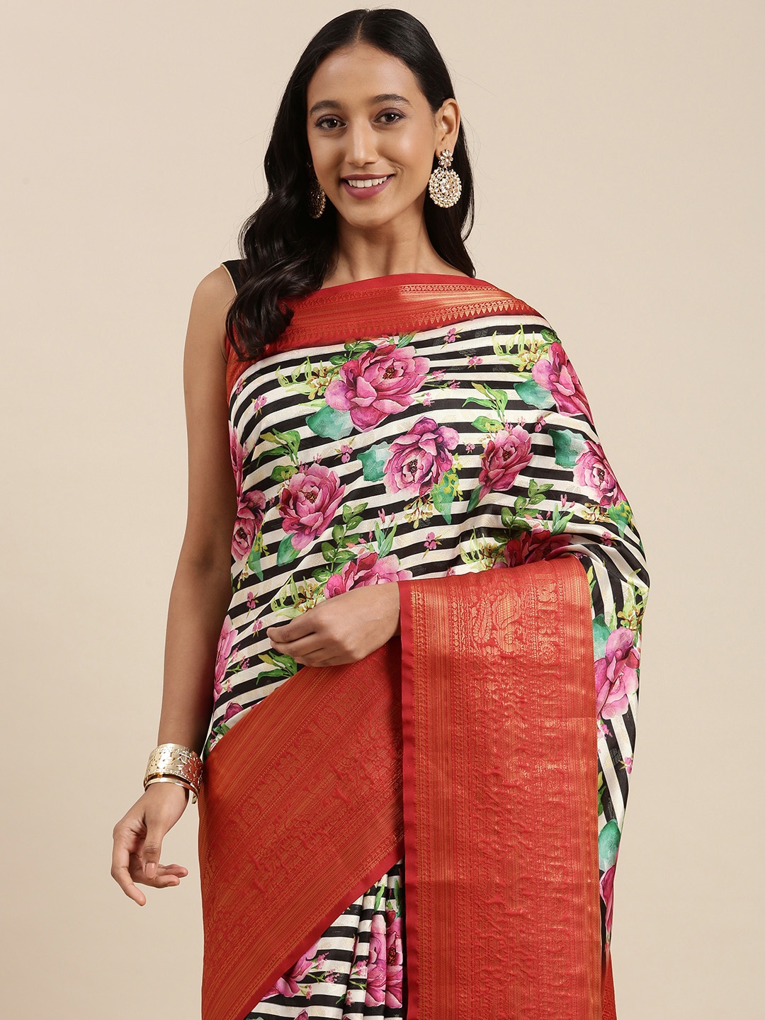 

VASTRANAND Red & Black Striped Banarasi Saree
