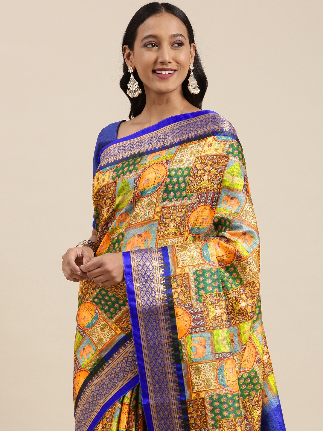 

VASTRANAND Blue & Mustard Yellow Kalamkari Print Uppada Saree