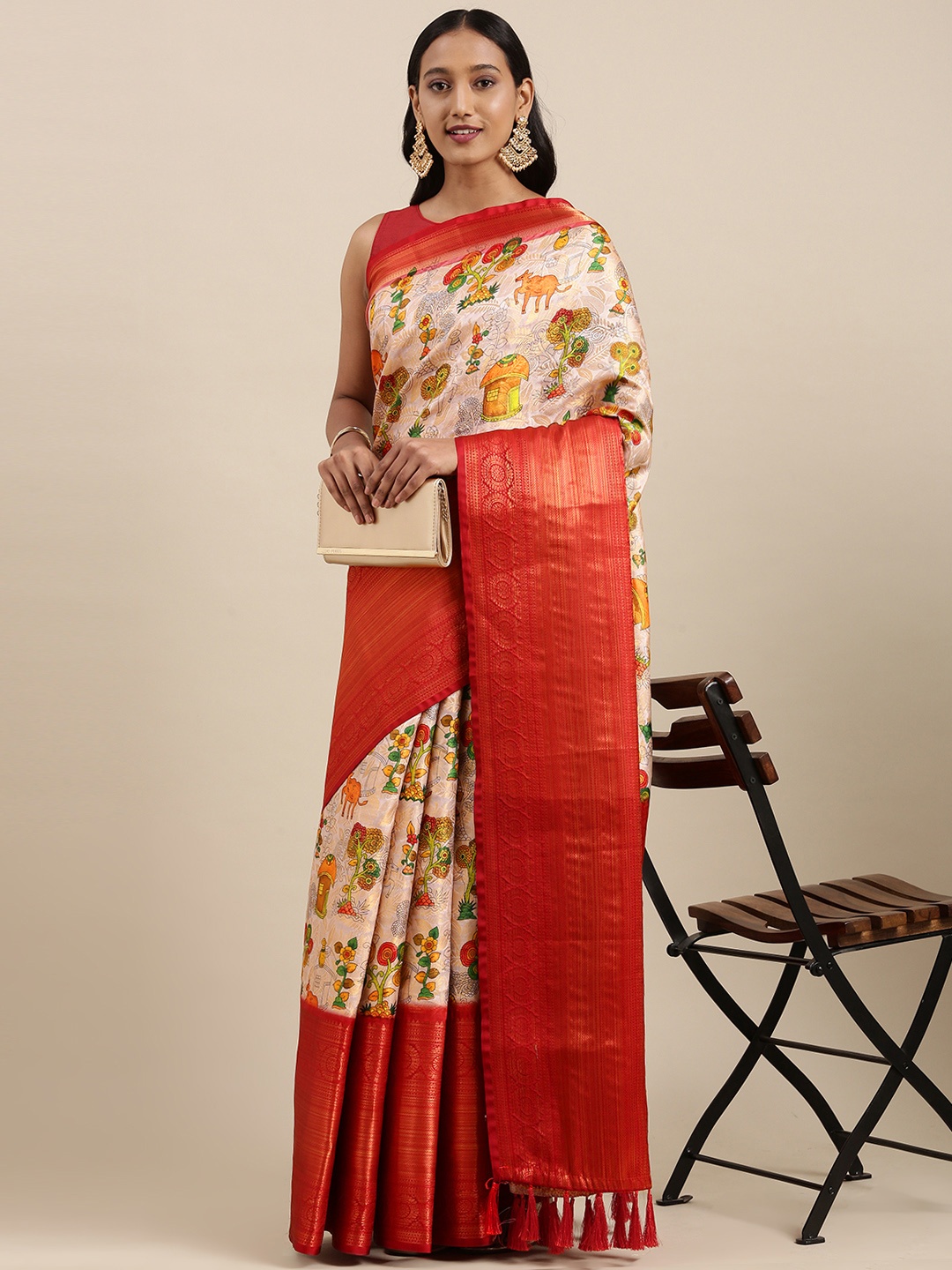 

VASTRANAND Off White & Red Ethnic Print Zari Silk Blend Saree