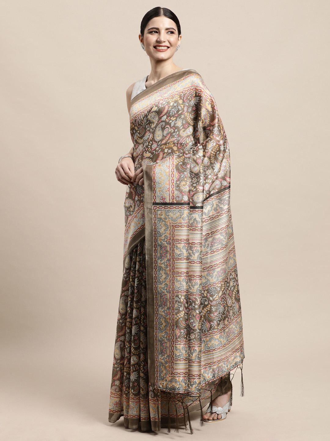 

PERFECTBLUE Brown & Grey Ethnic Motifs Printed Silk Blend Khadi Saree