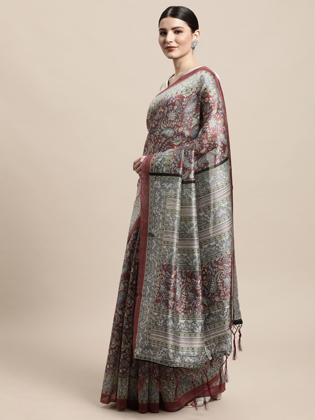 

PERFECTBLUE Grey & Brown Ethnic Motifs Printed Silk Blend Khadi Saree