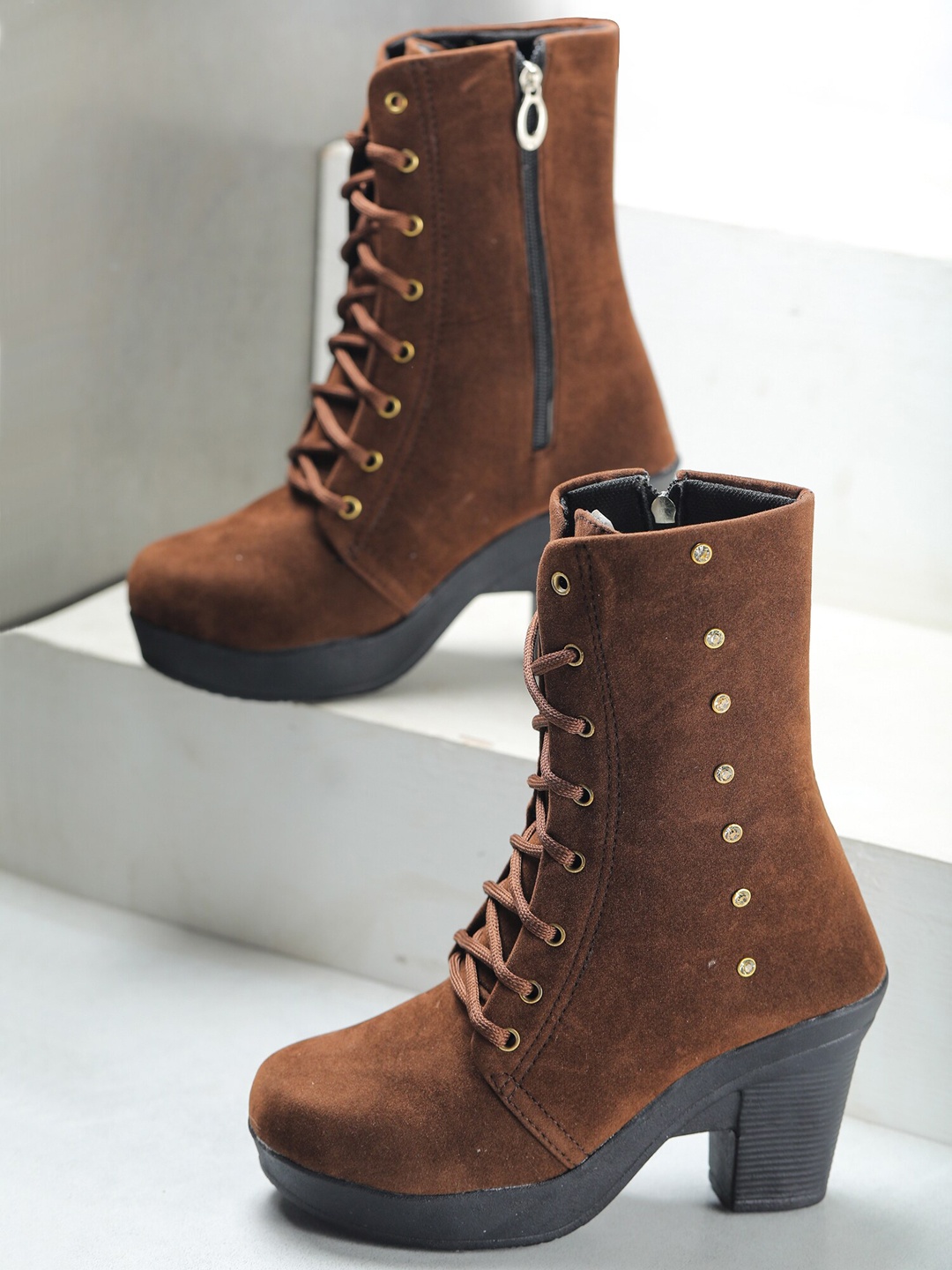 

ESTATOS Women Brown Solid Velvet High-Top Block Heeled Boots