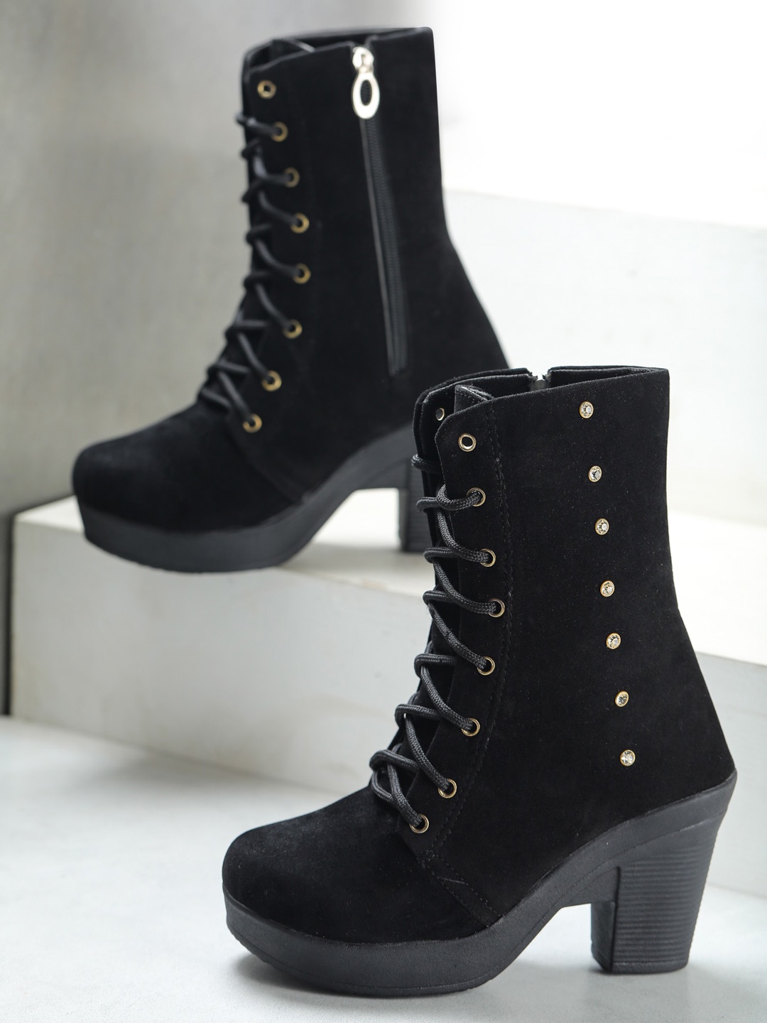 

ESTATOS Black Velvet High-Top Block Heeled Boots