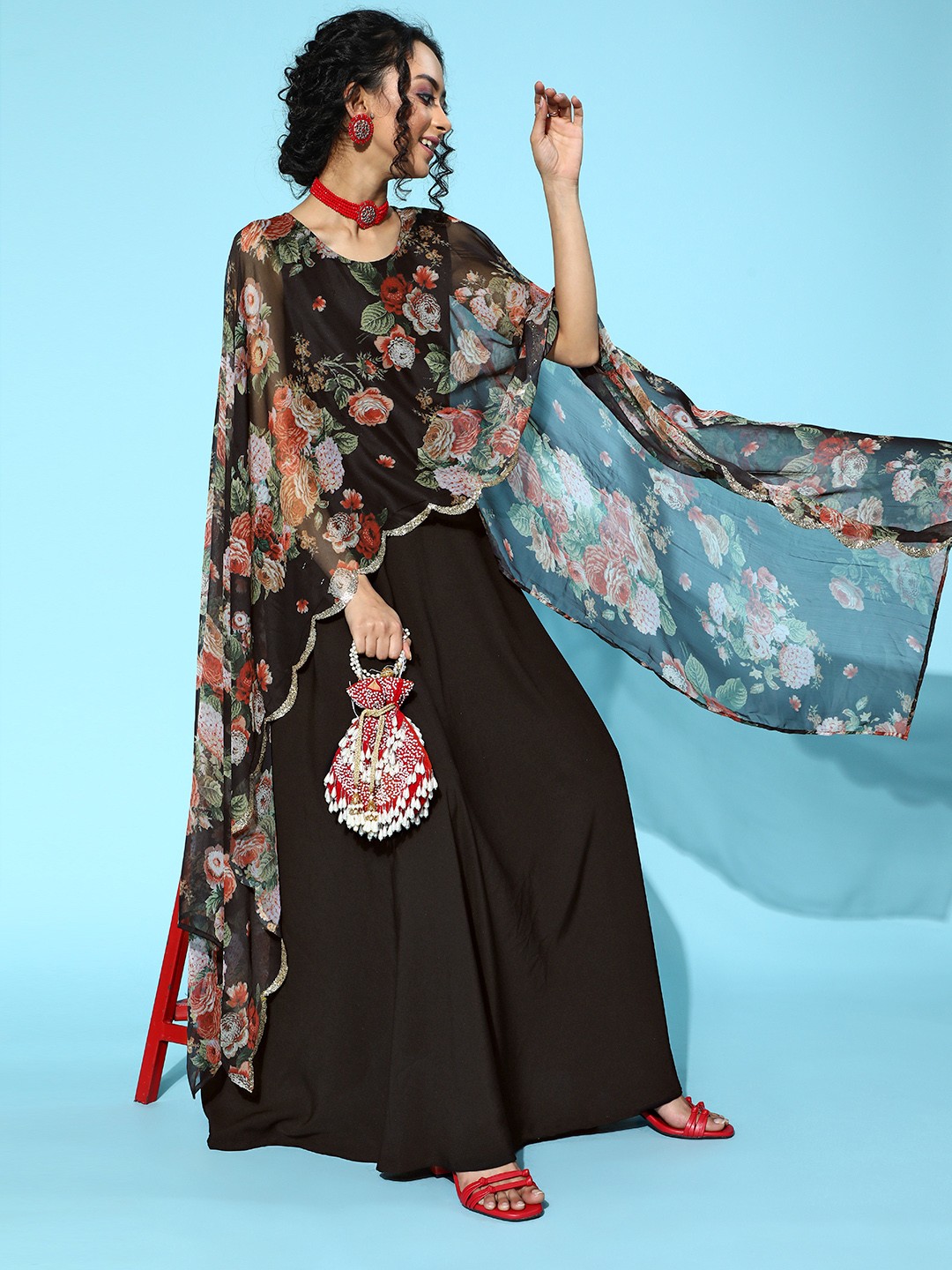 

Ahalyaa Women Stylish Black Floral Swirling Volume Dress