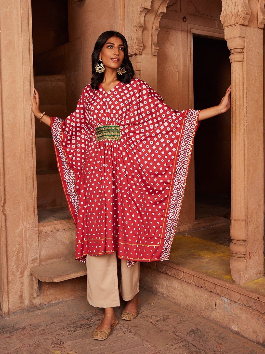 

Ahalyaa Red & White Crepe Kaftan Kurta