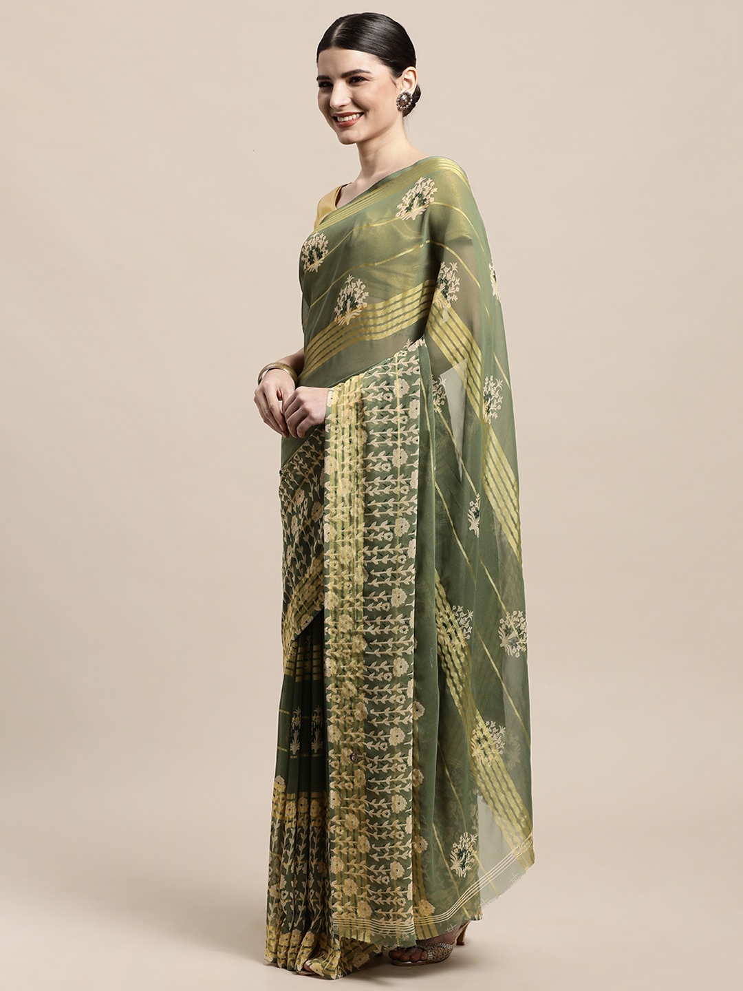 

PERFECTBLUE Green & Yellow Floral Print Saree