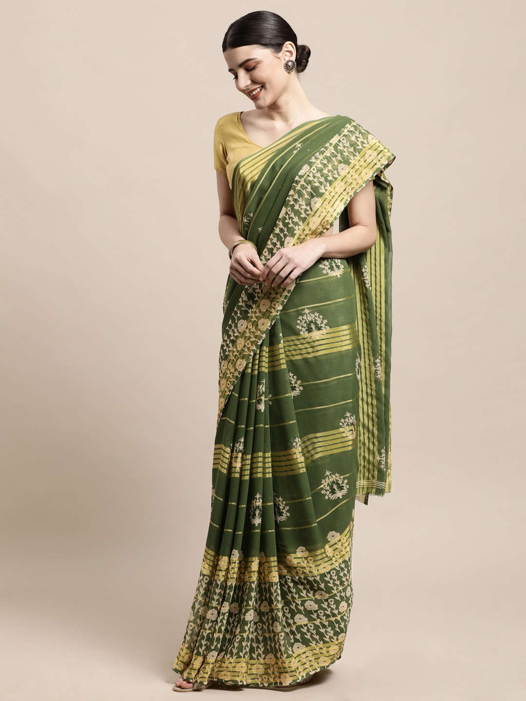 

PERFECTBLUE Green & Beige Floral Print Saree