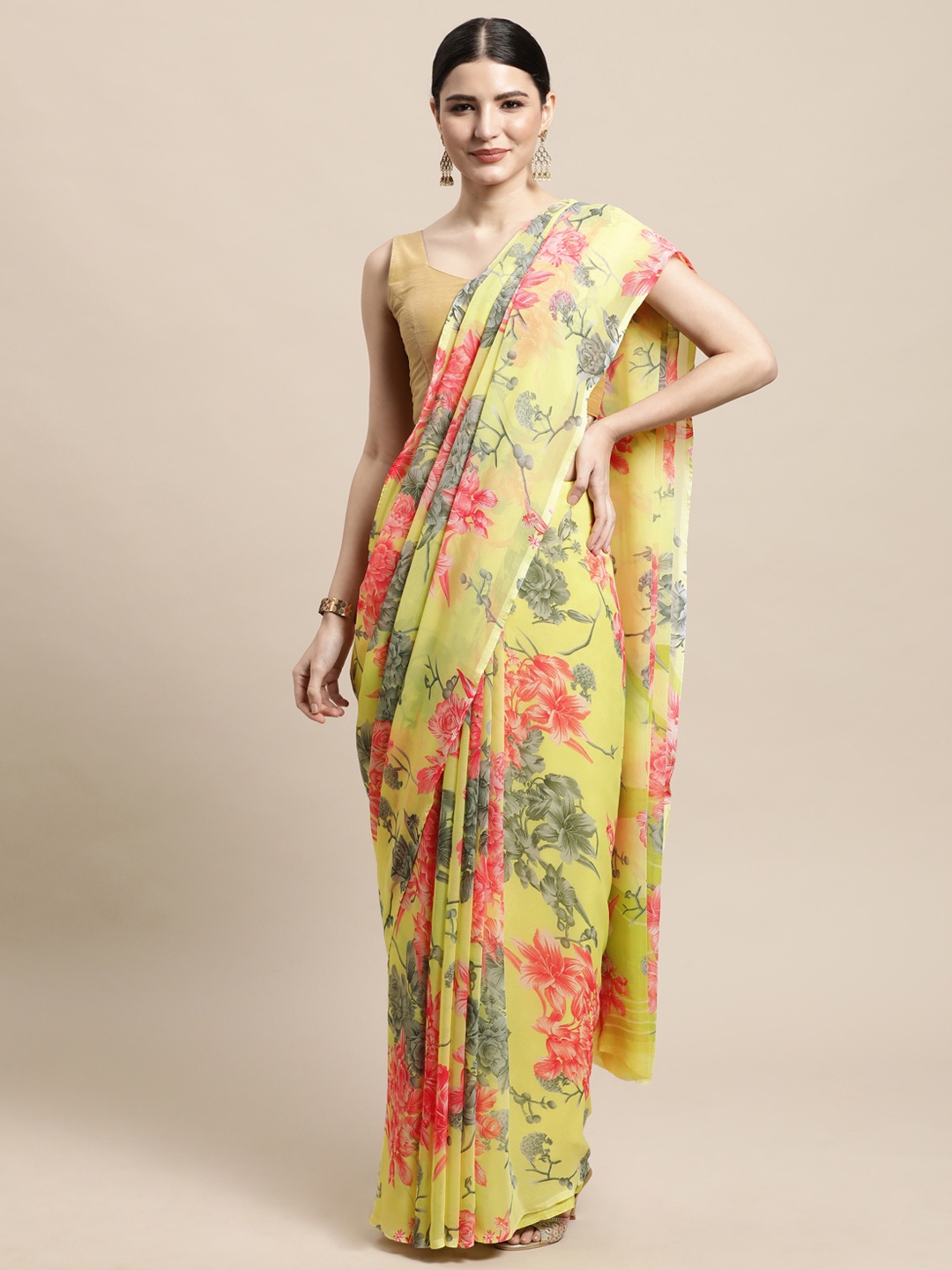 

PERFECTBLUE Yellow & Peach-Coloured Floral Print Saree