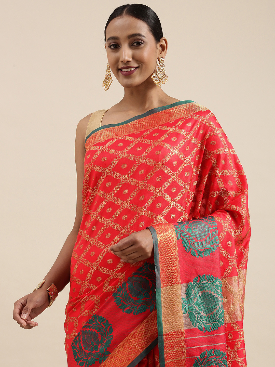 

Mitera Red & Golden Geometric Woven Design Saree