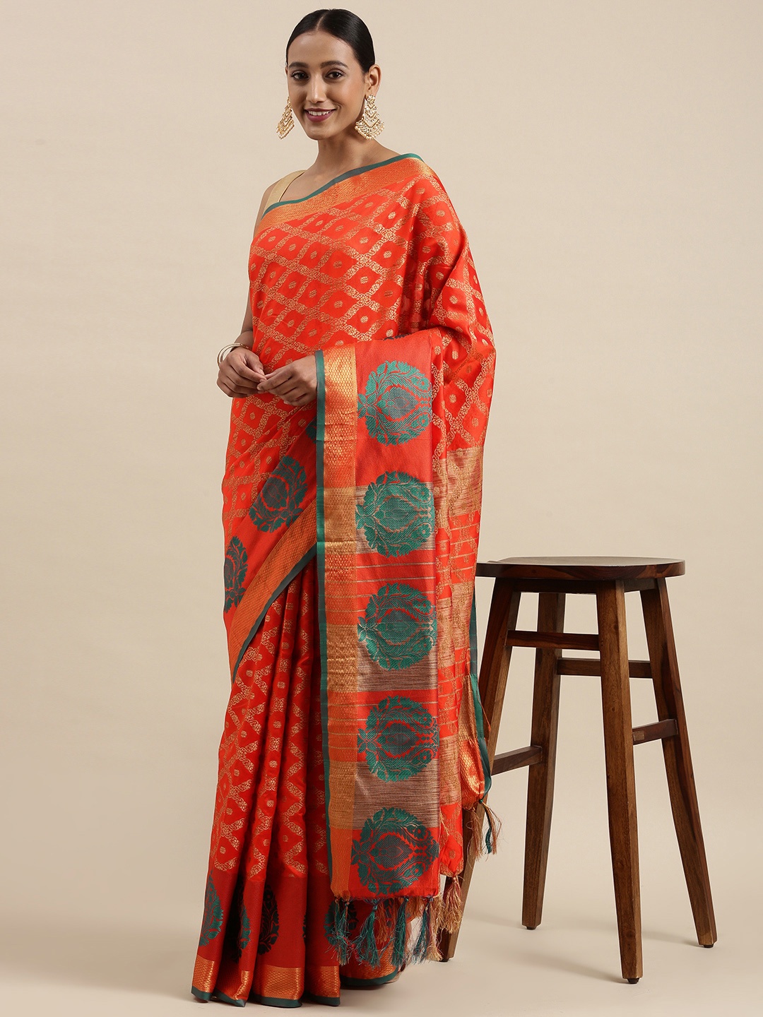 

Mitera Orange & Golden Geometric Woven Design Saree