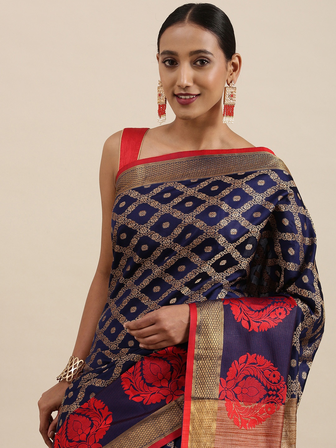 

Mitera Navy Blue & Golden Geometric Woven Design Saree