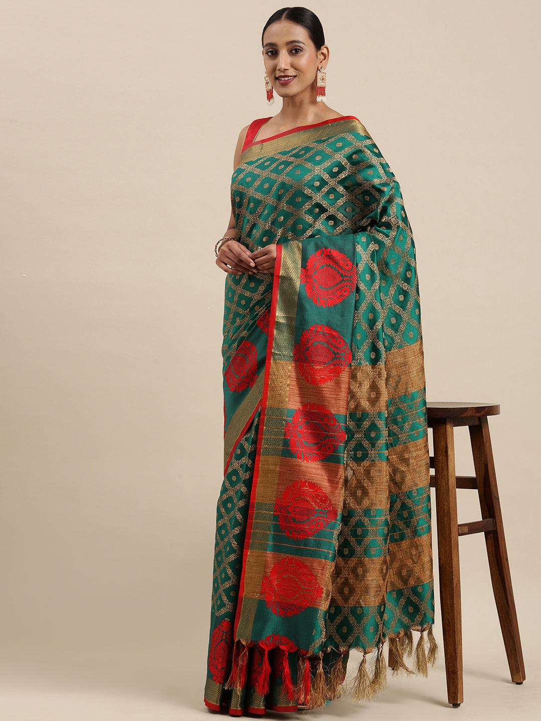 

Mitera Teal & Golden Geometric Woven Design Saree