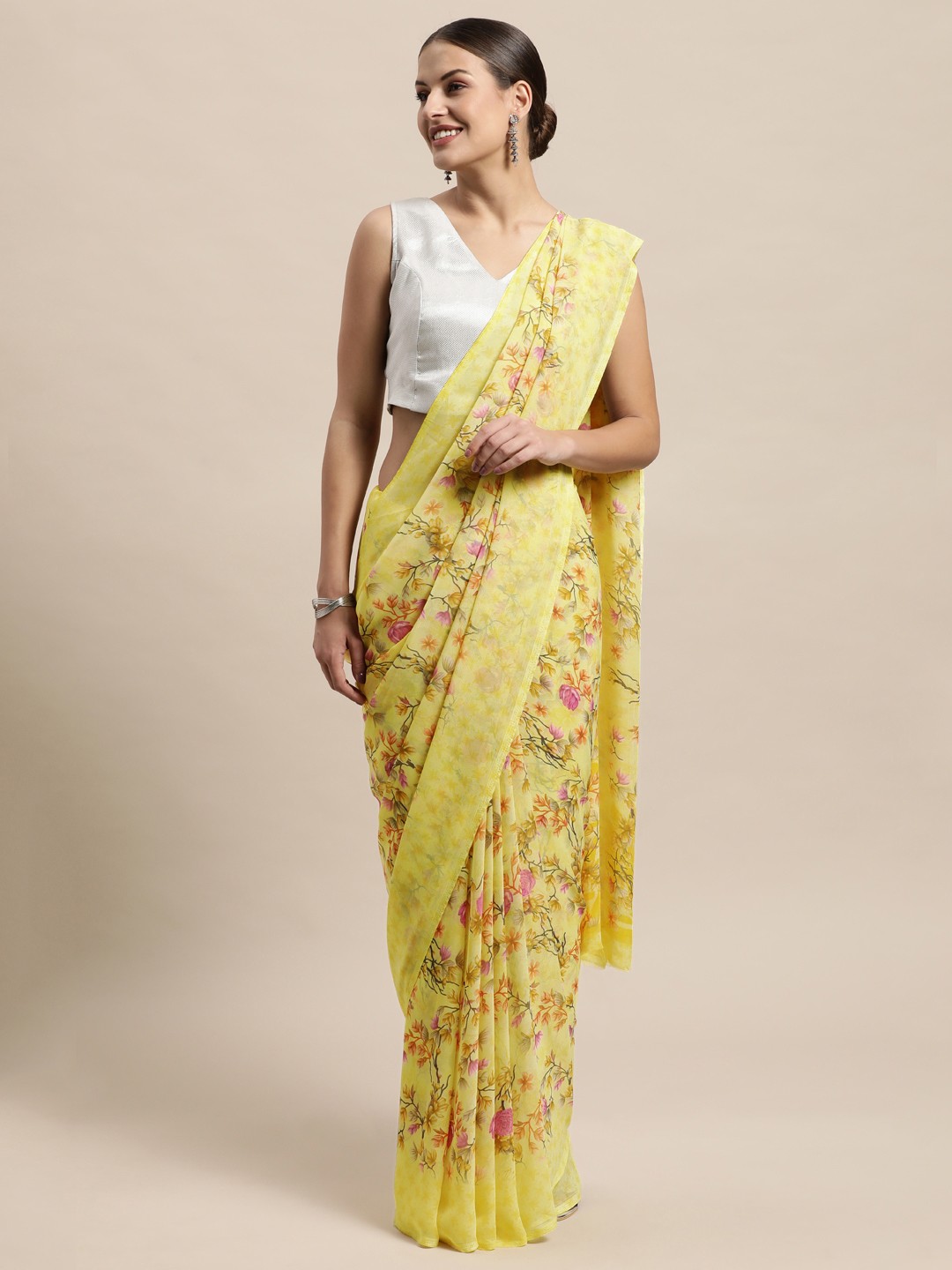 

PERFECTBLUE Yellow & Pink Floral Print Saree