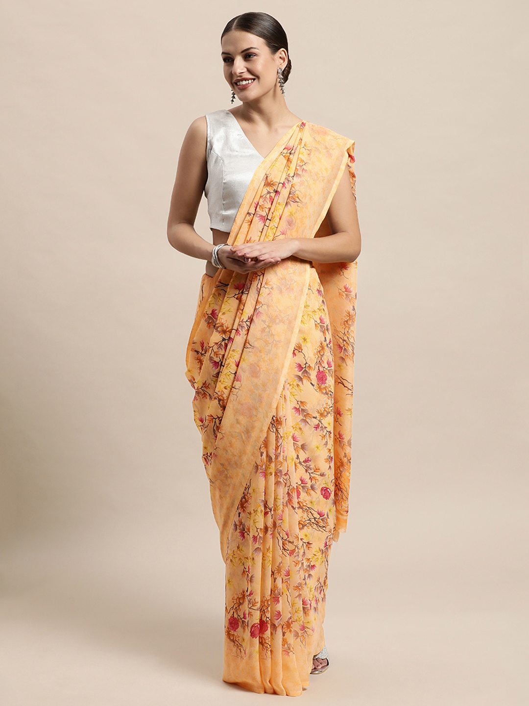 

PERFECTBLUE Orange & Yellow Floral Print Saree