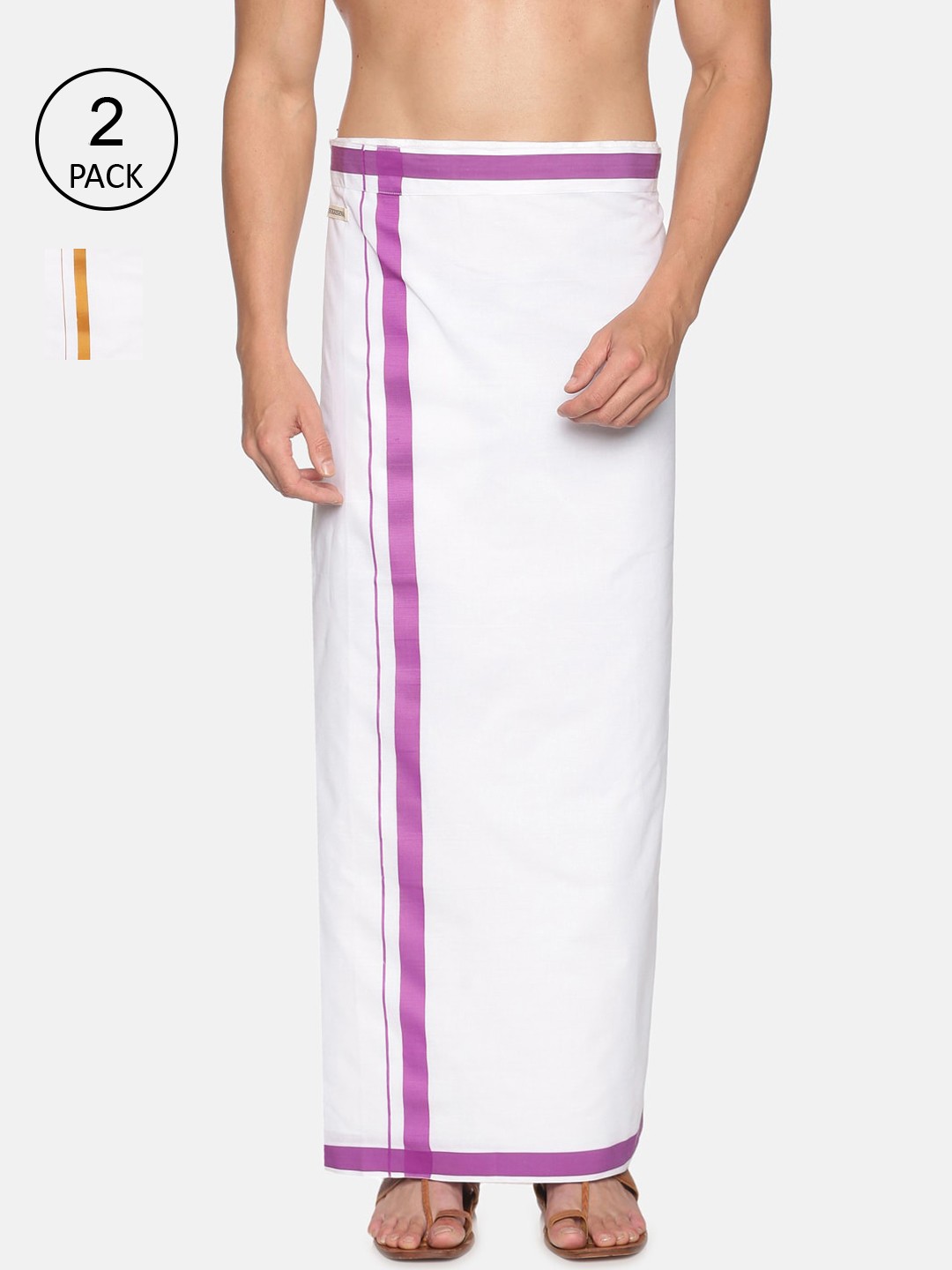 

Sethukrishna Men Pack Of 2 White & Purple Solid Cotton Dhotis