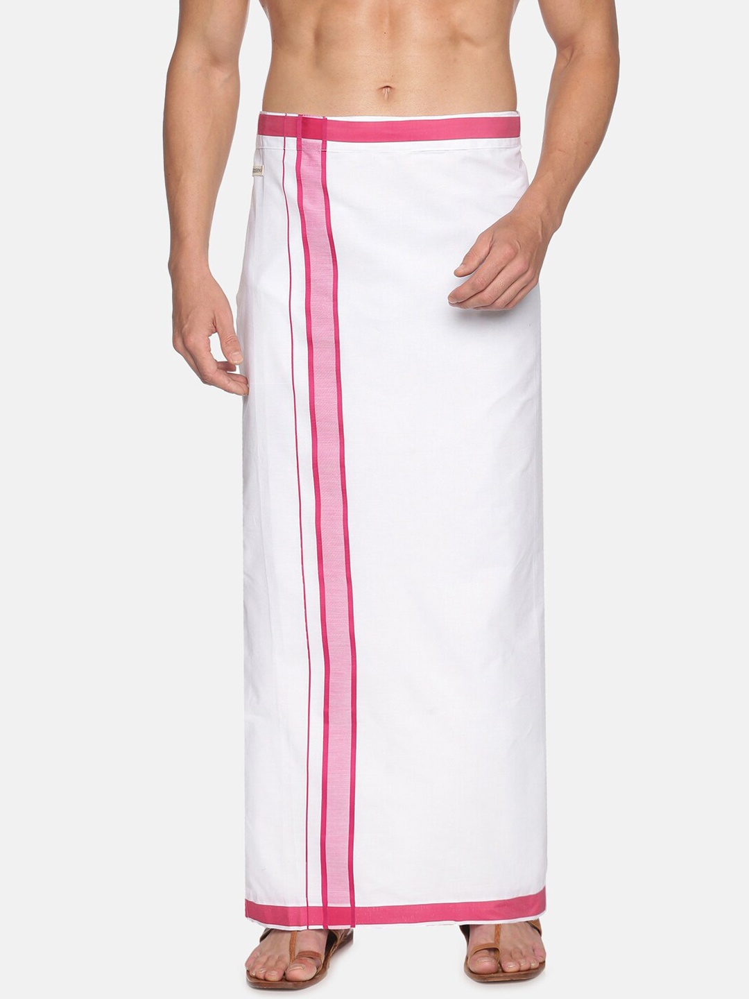 

Sethukrishna Men White & Pink Solid Cotton Dhoti