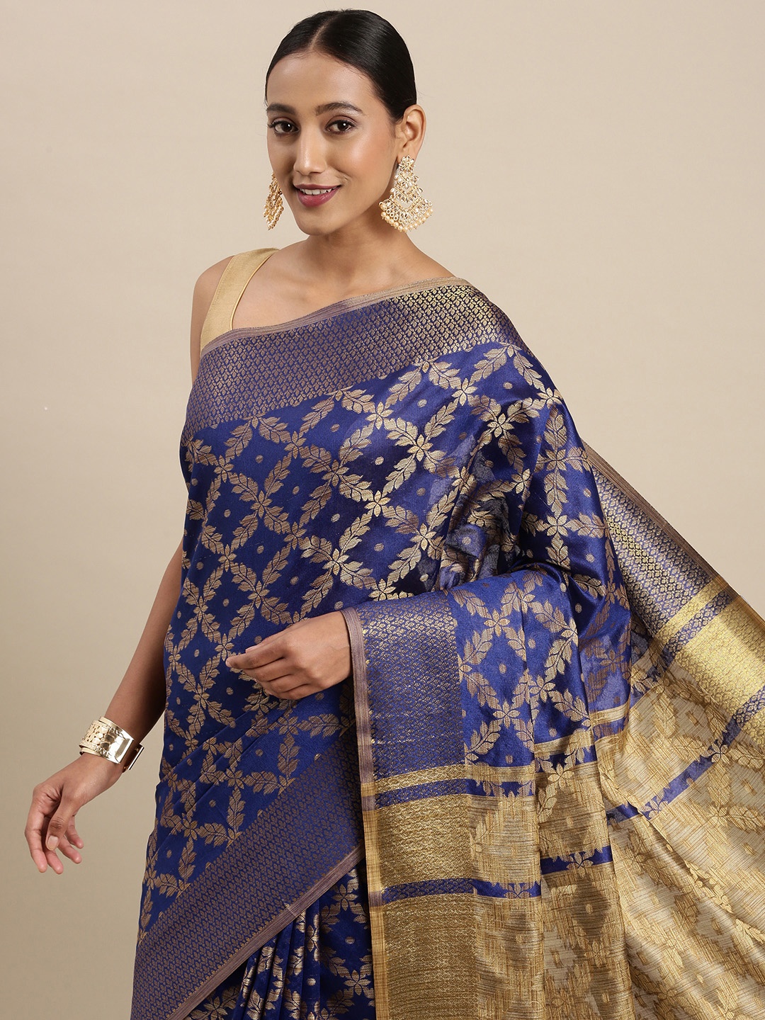 

Mitera Blue & Golden Geometric Woven Design Saree