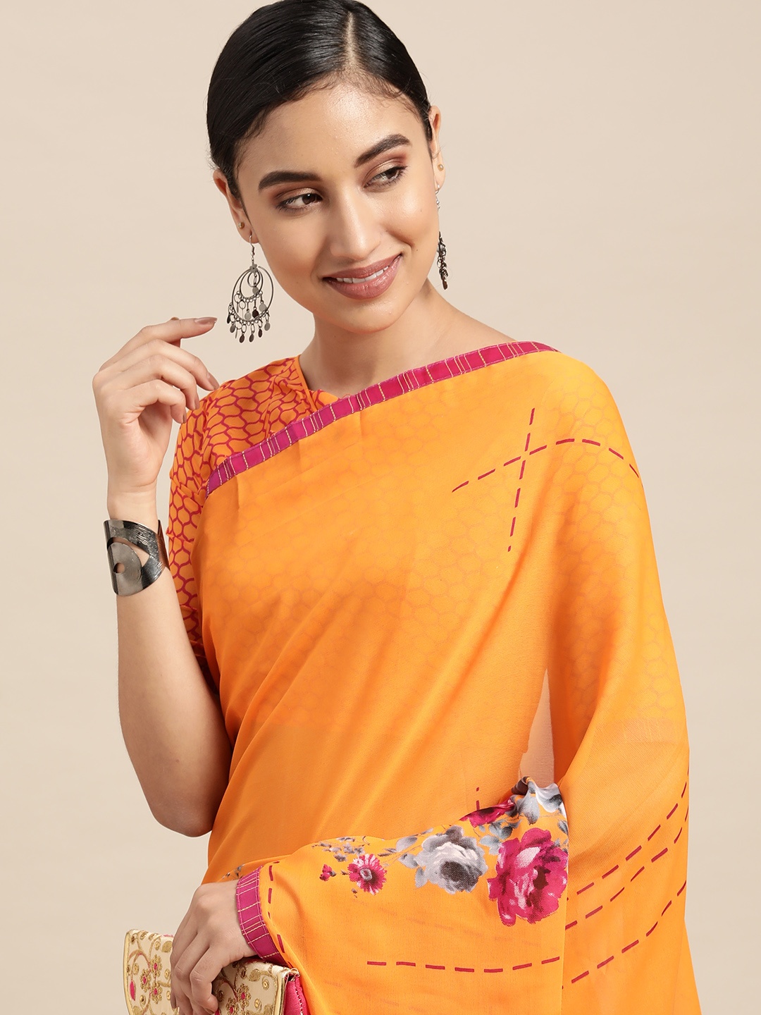 

KALINI Women Orange & Pink Floral Printed Saree