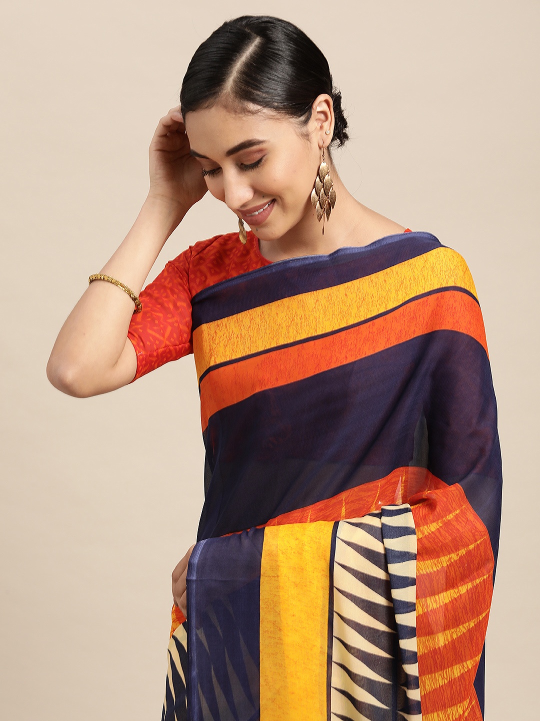 

KALINI Navy Blue & Orange Printed Saree