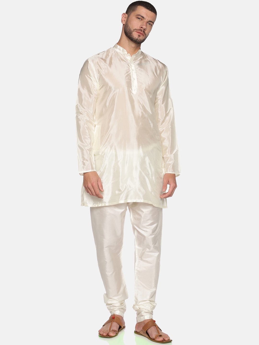 

Sethukrishna Men Cream-Coloured Art Silk Kurta with Pyjamas