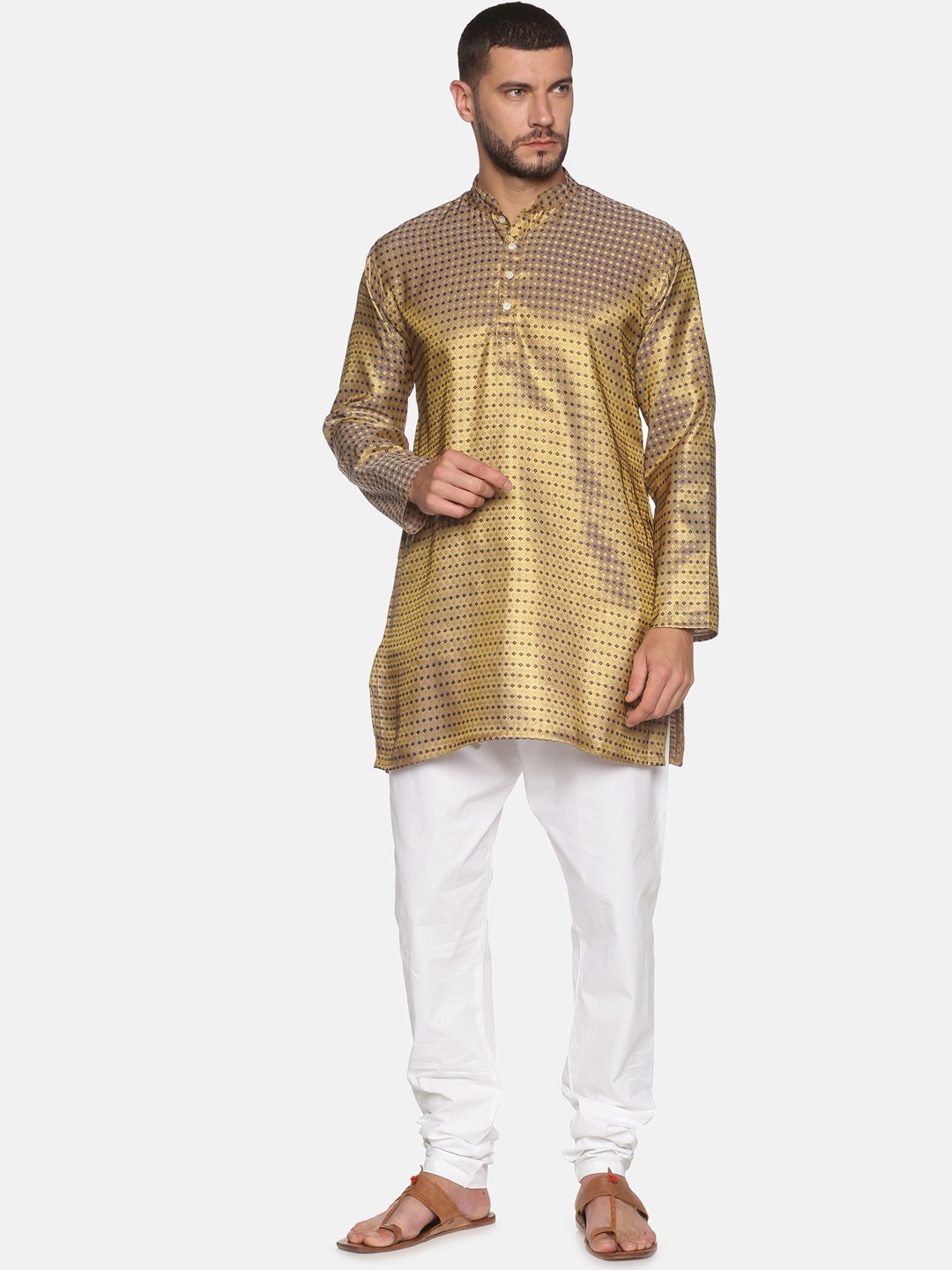 

Sethukrishna Men Gold-Toned & Blue Woven Design Kurta with Churidar