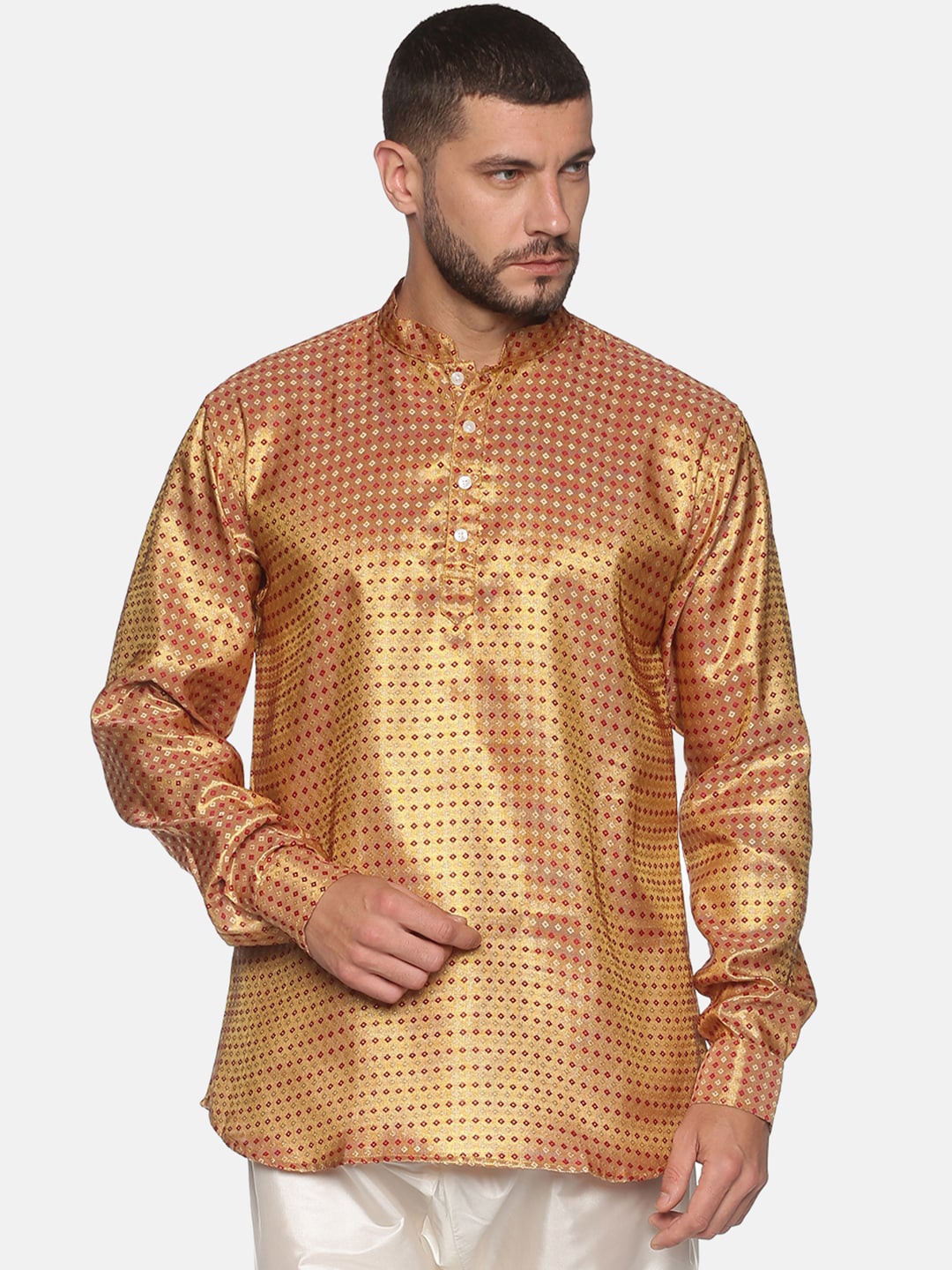 

Sethukrishna Men Gold-Coloured & Red Printed Kurta