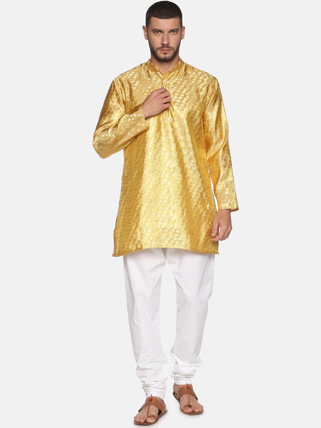 

Sethukrishna Men Gold-Toned Floral Kurta with Churidar