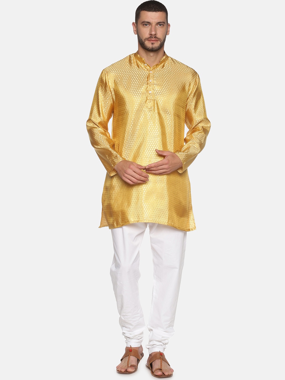 

Sethukrishna Men Gold-Toned & White Art Silk Kurta with Pyjamas