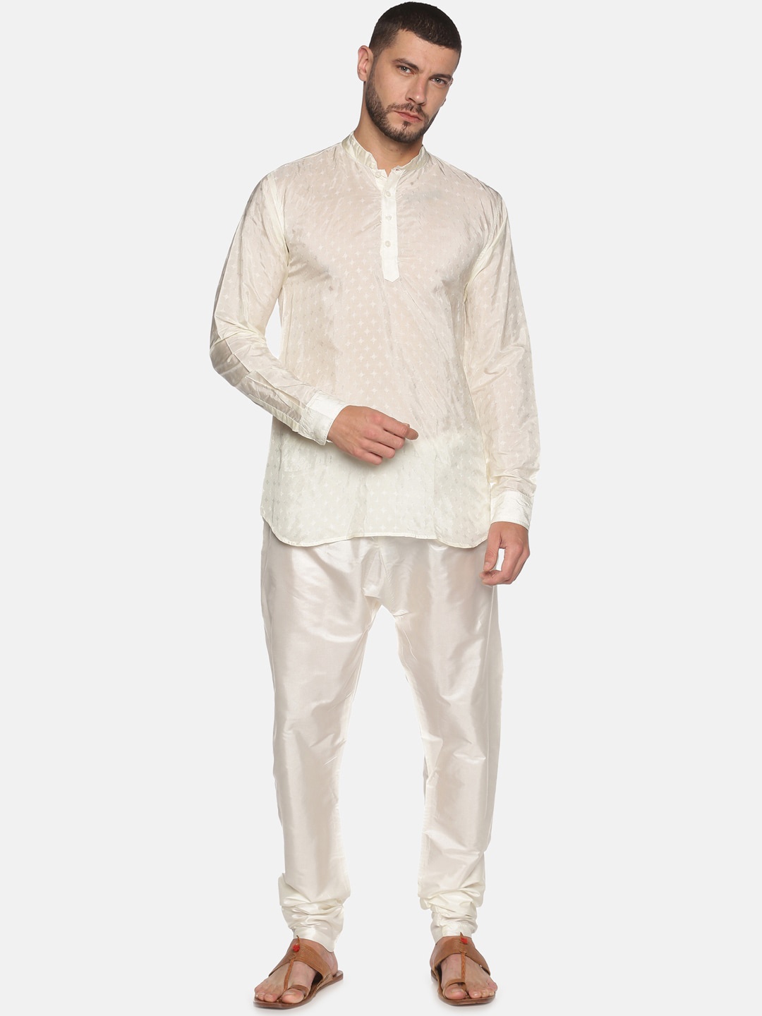 

Sethukrishna Men Cream-Coloured Woven Design Kurta with Churidar