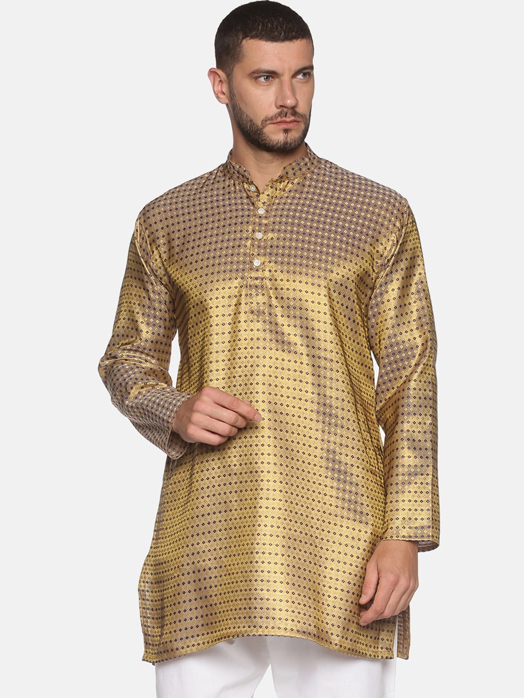 

Sethukrishna Men Gold-Toned & Blue Geometric Printed Kurta