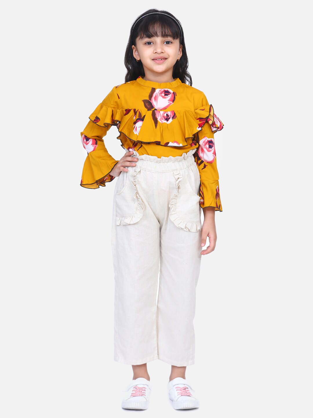 

Cutiekins Girls Mustard & Off White Floral Printed Co-ords Set