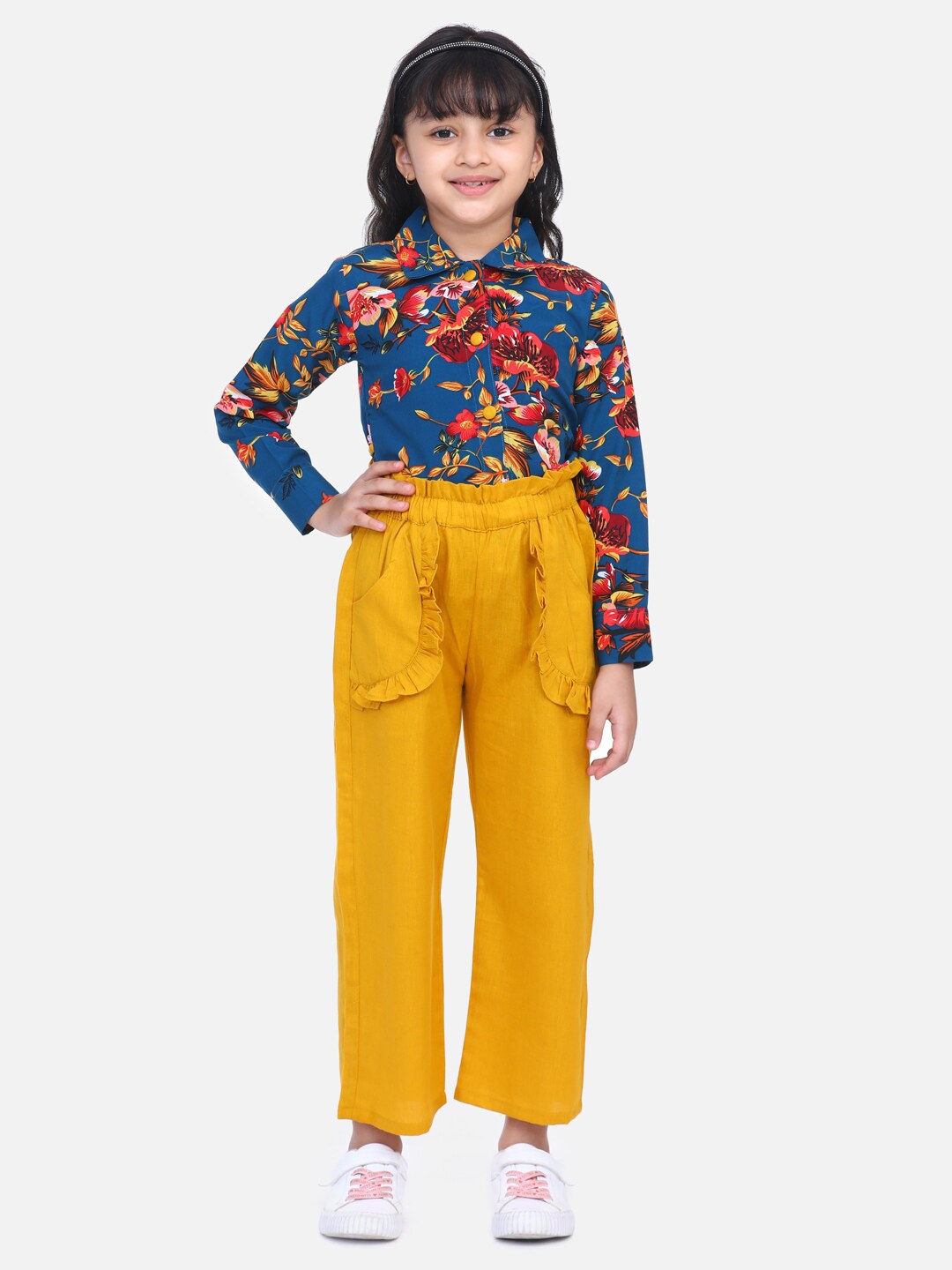

Cutiekins Girls Teal Blue & Mustard Floral Printed Co-Ords