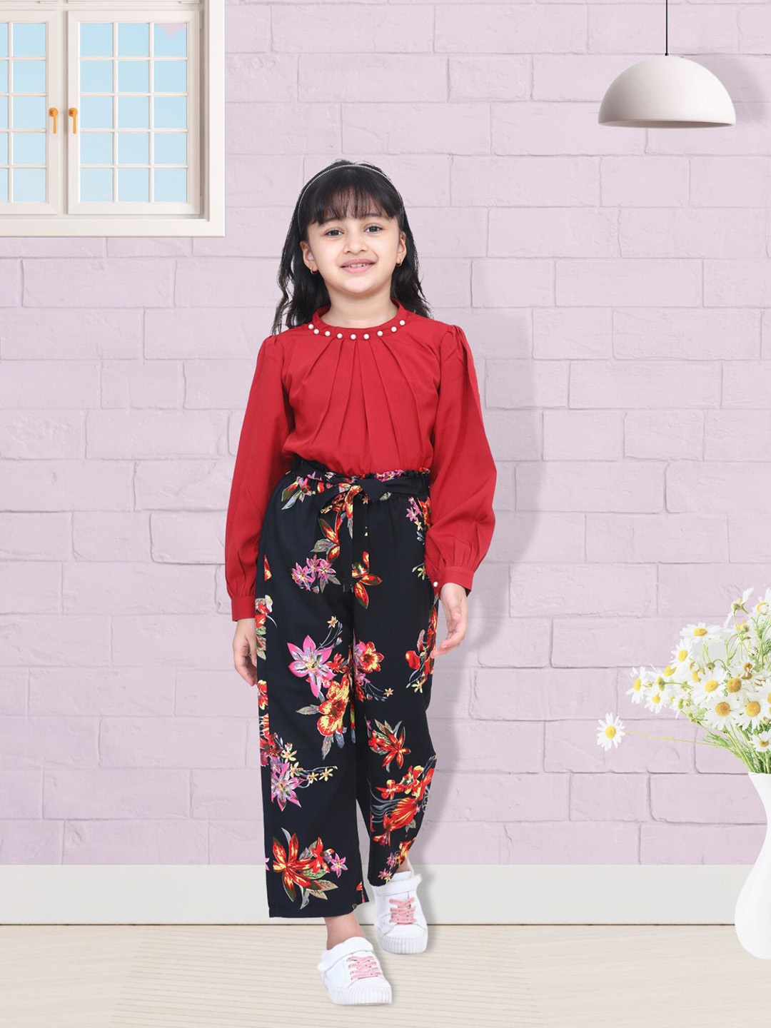 

Cutiekins Girls Maroon & Black Floral Printed Bishop Sleeves Top with Palazzos Co-Ords set