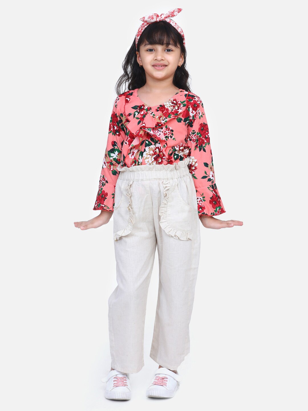 

Cutiekins Girls Floral Rust & Off White Printed Top & Solid Palazzo Co-Ords