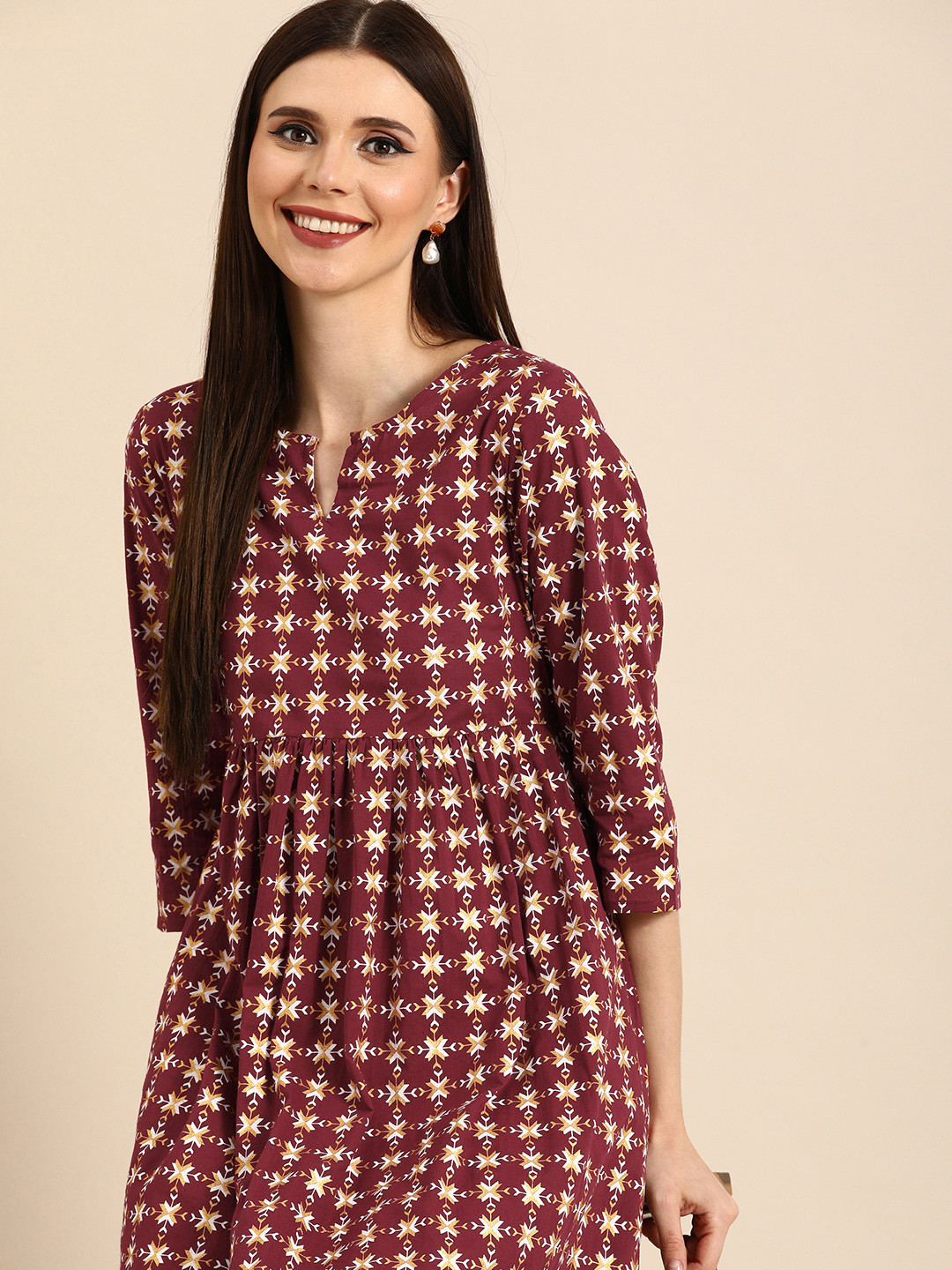 

Anouk Women Maroon & White Printed A-Line Pure Cotton Dress