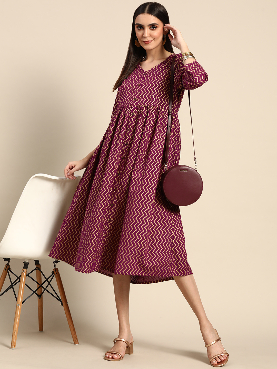

Anouk Purple & Golden A-Line Midi Dress