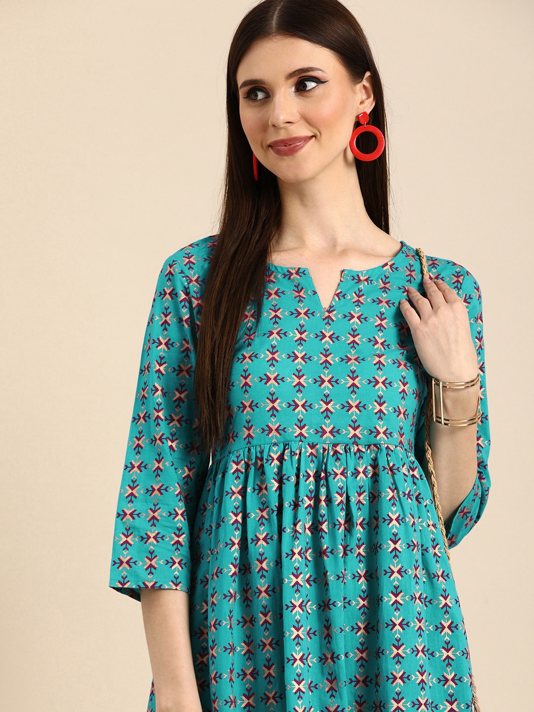 

Anouk Women Blue & Red Printed Pure Cotton Pleated Ethnic A-Line Dress