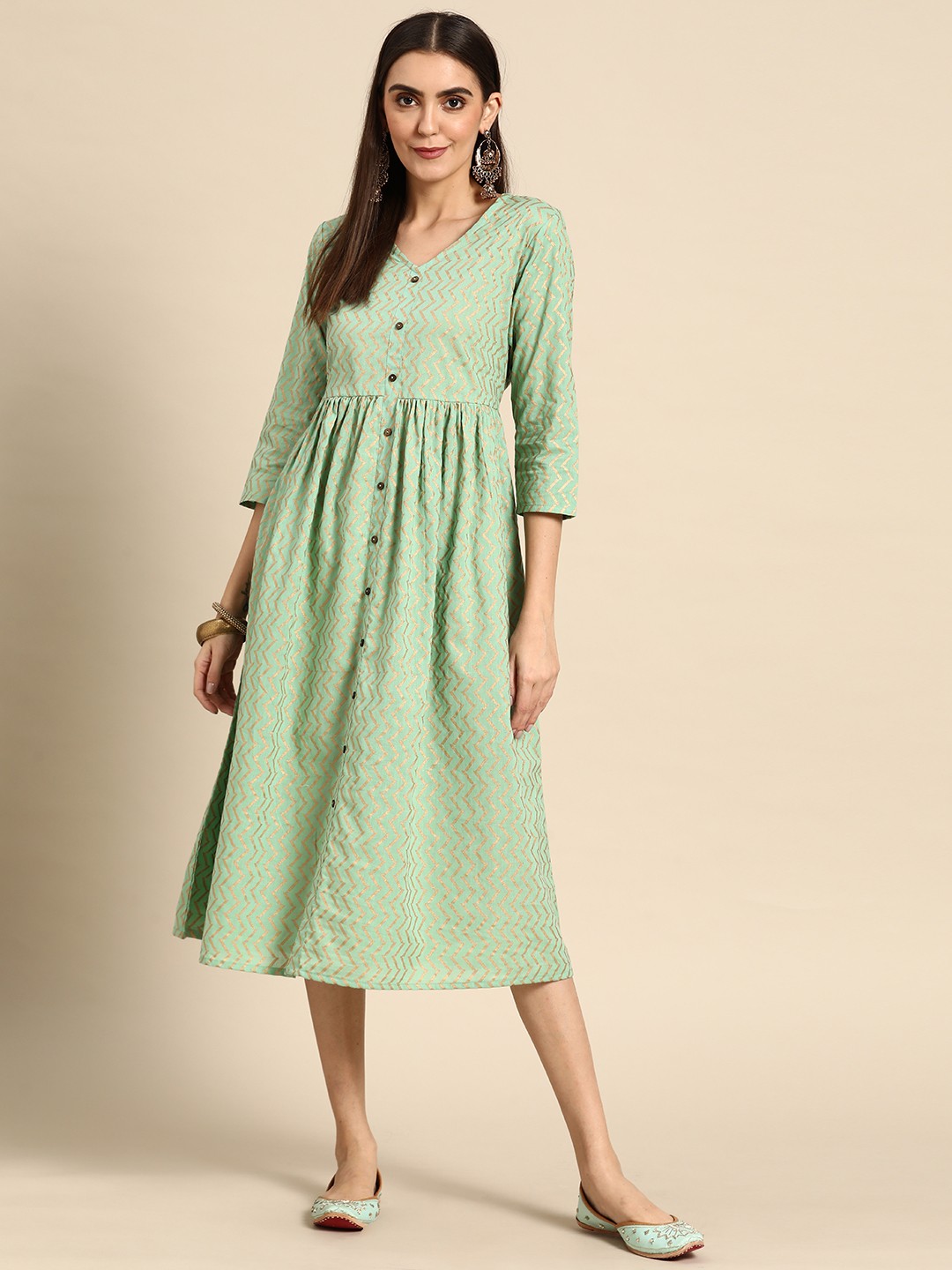 

Anouk Women Sea Green & Golden Ethnic Printed A-Line Midi Dress