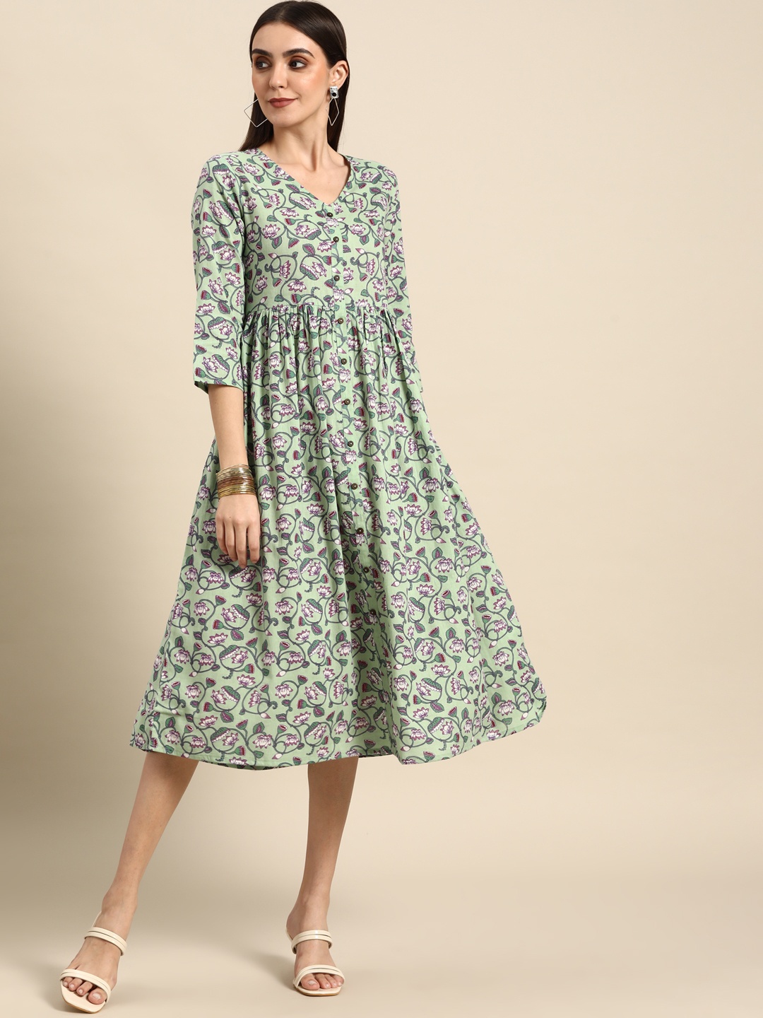 

Anouk Sea Green & Purple Floral A-Line Midi Dress