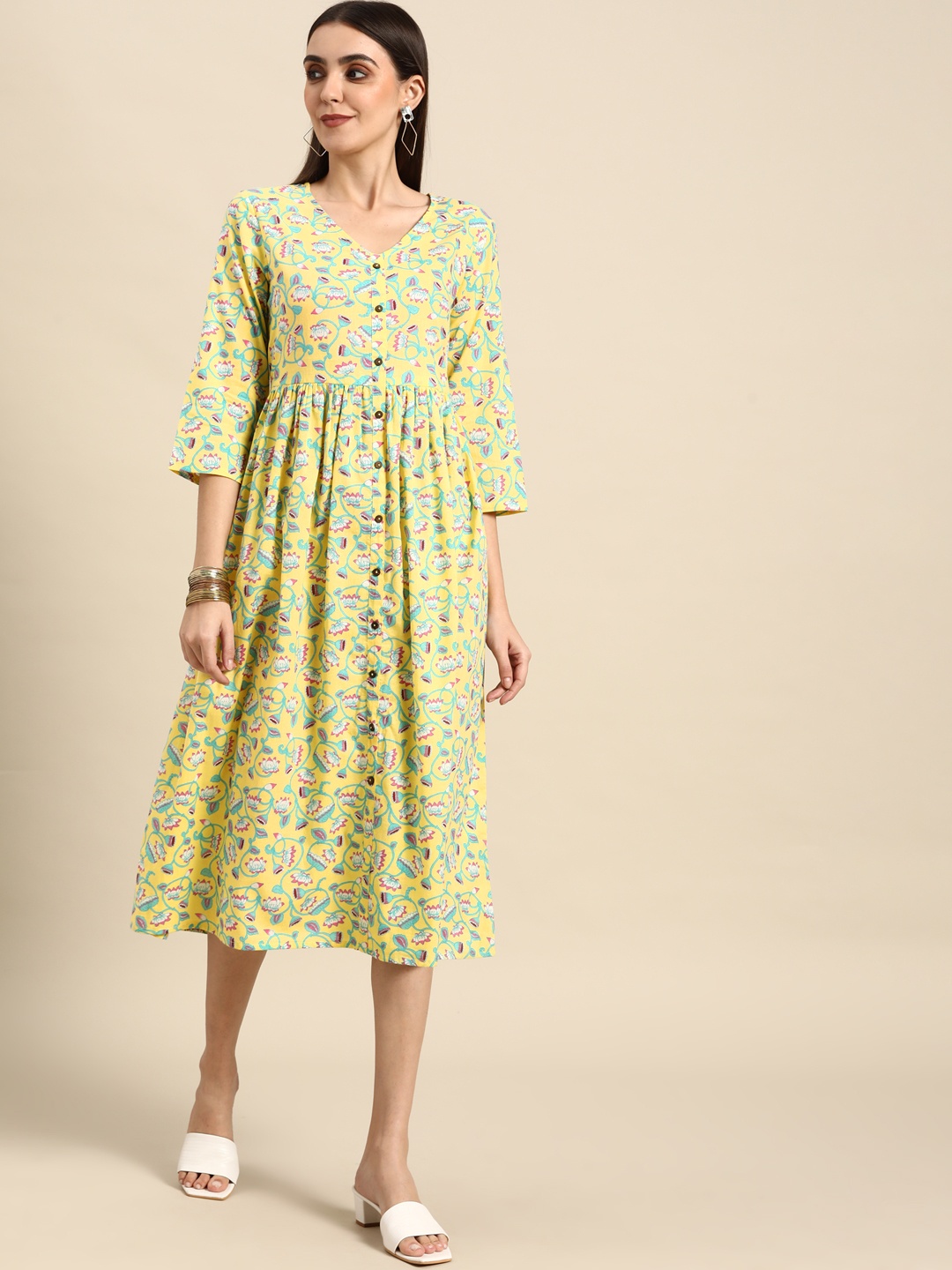 

Anouk Yellow & Sea Green Floral A-Line Midi Dress