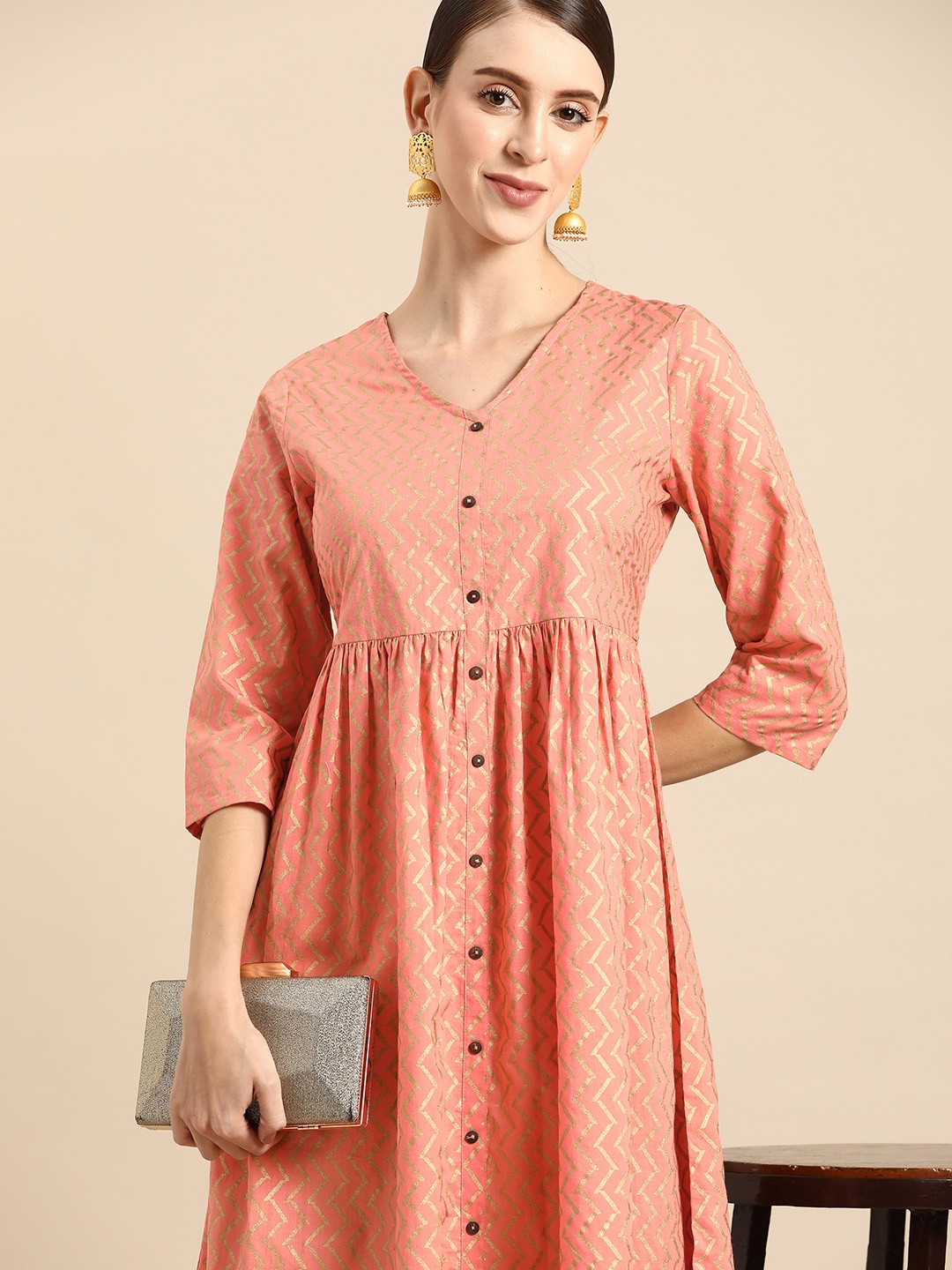 

Anouk Peach-Coloured & Golden Pure Cotton A-Line Dress