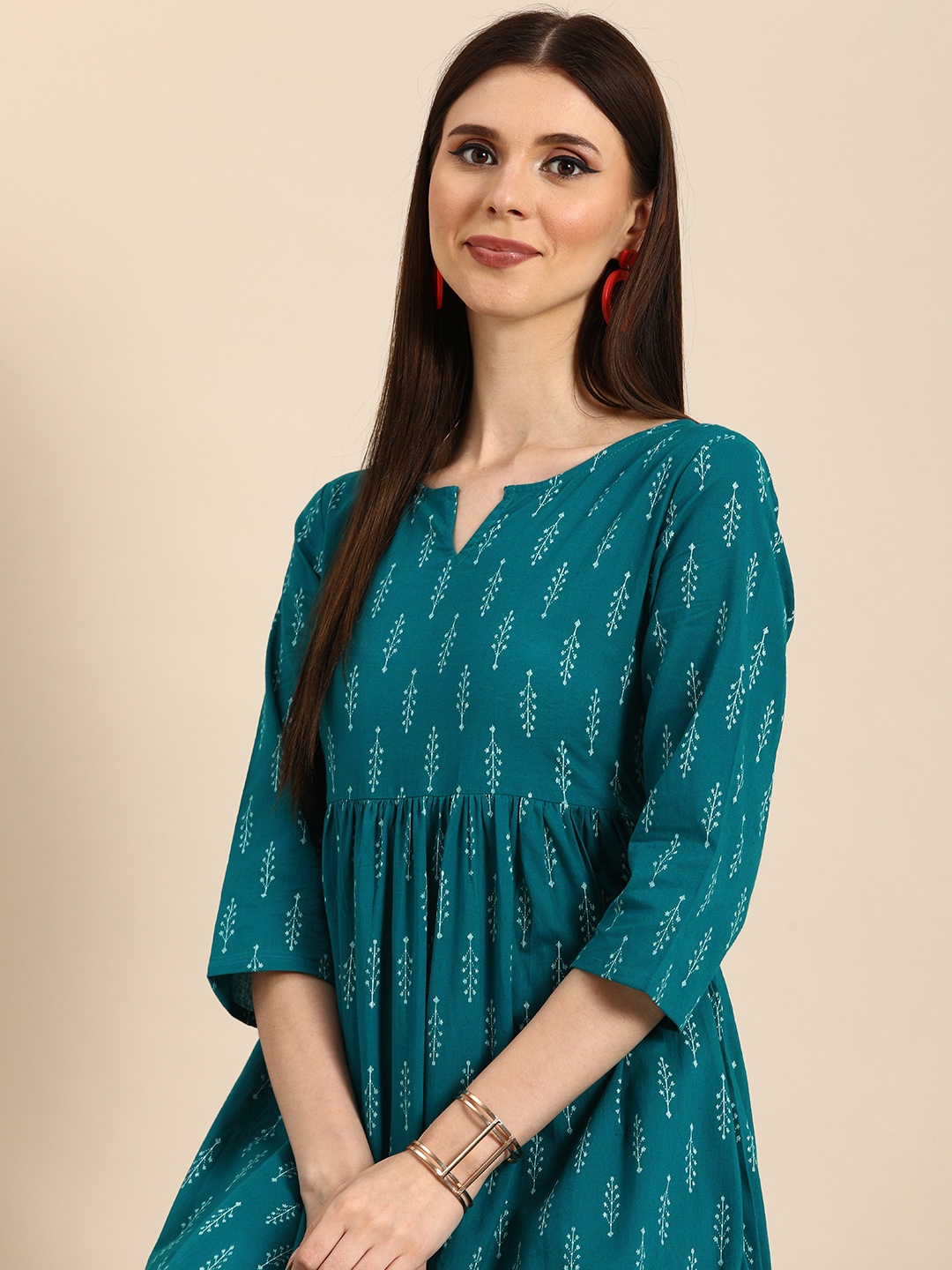 

Anouk Women Green & White Printed Pure Cotton Pleated Ethnic A-Line Dress