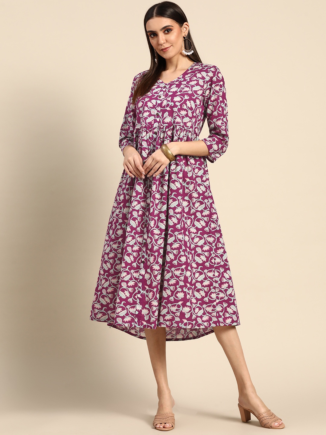 

Anouk Purple & Pink Ethnic Motifs A-Line Midi Dress